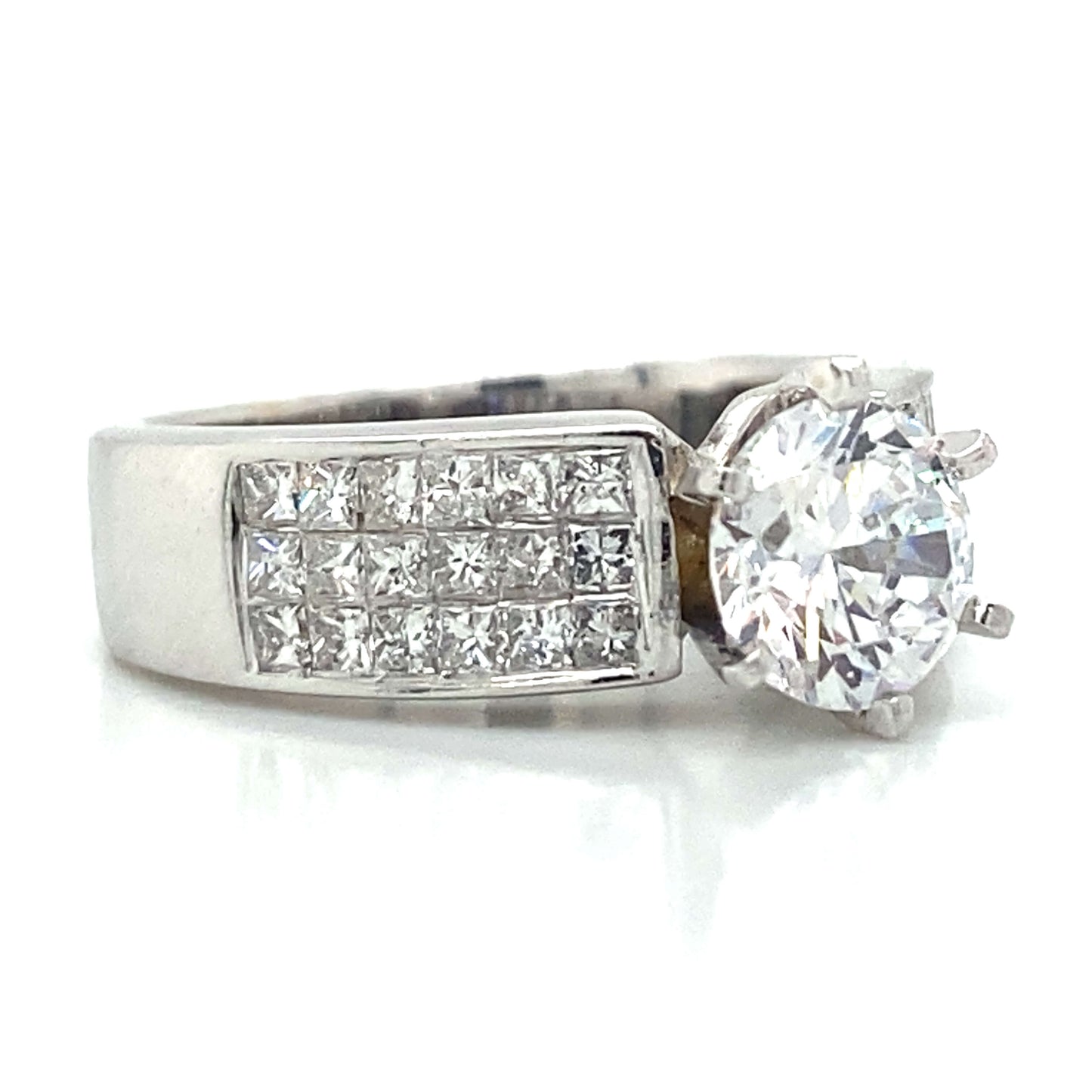 Side Stone Invisible Set Engagement Ring in 14K White Gold