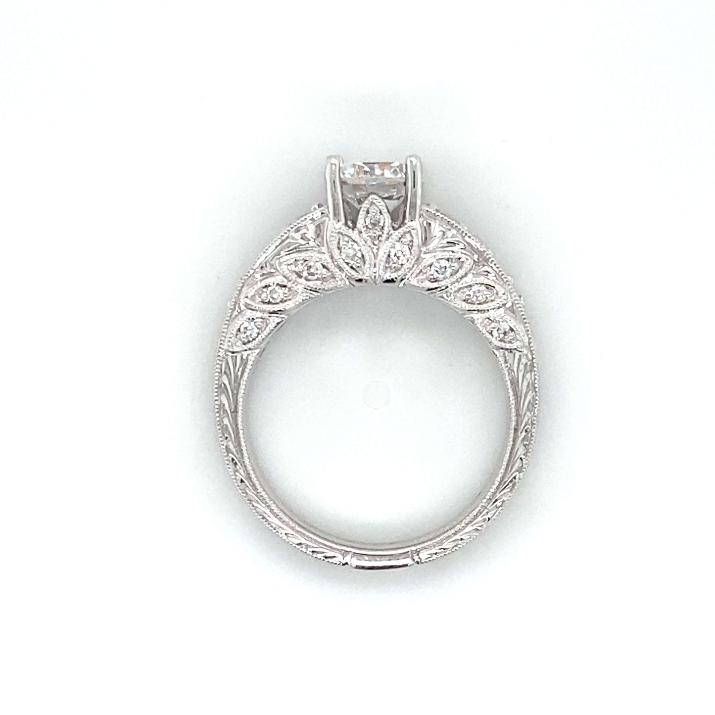 Side Stone Pave Engraved Engagement Ring in 18K White Gold