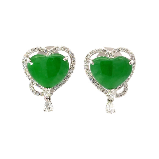 Heart Shaped Jade Earrings in 18K White Gold