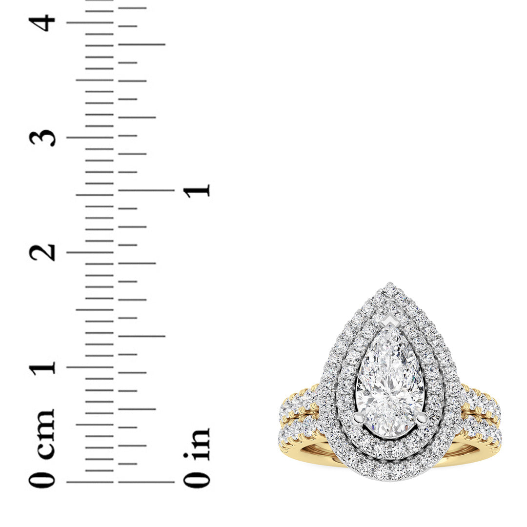 2CTW Pear Lab-Grown Diamond Prong Double Halo Bridal Set Engagement Ring Set 84 Stones