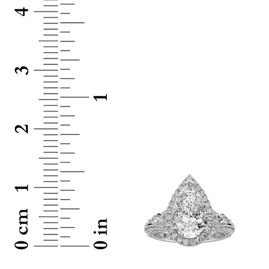 3CTW Pear Lab-Grown Diamond Prong Three Stone Halo Engagement Ring 67 Stones