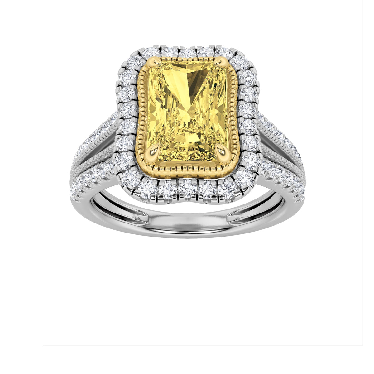 2.5CTW Radiant Fancy Yellow Lab-Grown Diamond Prong Split Shank Halo Engagement Ring 59 Stones