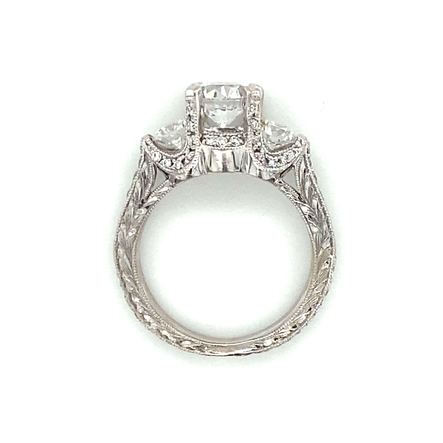 Three Stone Round & Pave Set Engagement Ring in 18K White Gold
