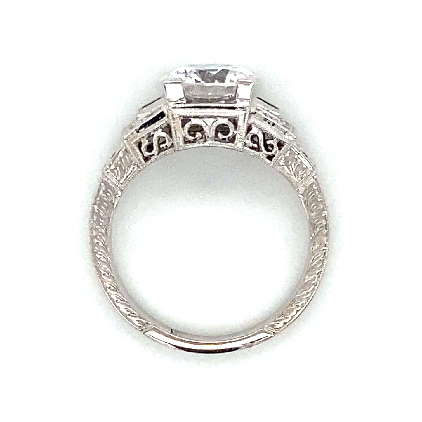 Side Stone Art Deco Style Engagement Ring in 14K White Gold