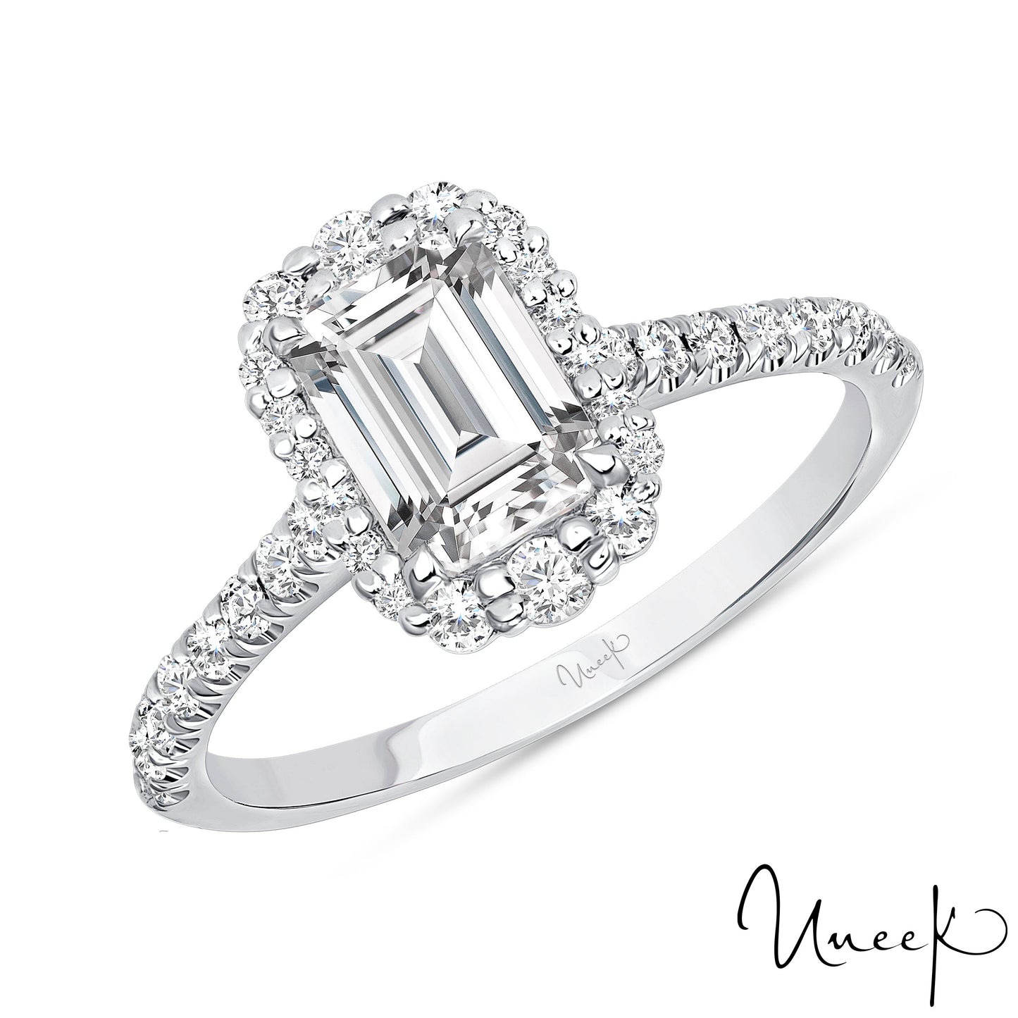 Uneek Halo Emerald Cut Engagement Ring 14K White Gold SWS232DS-7X5EM