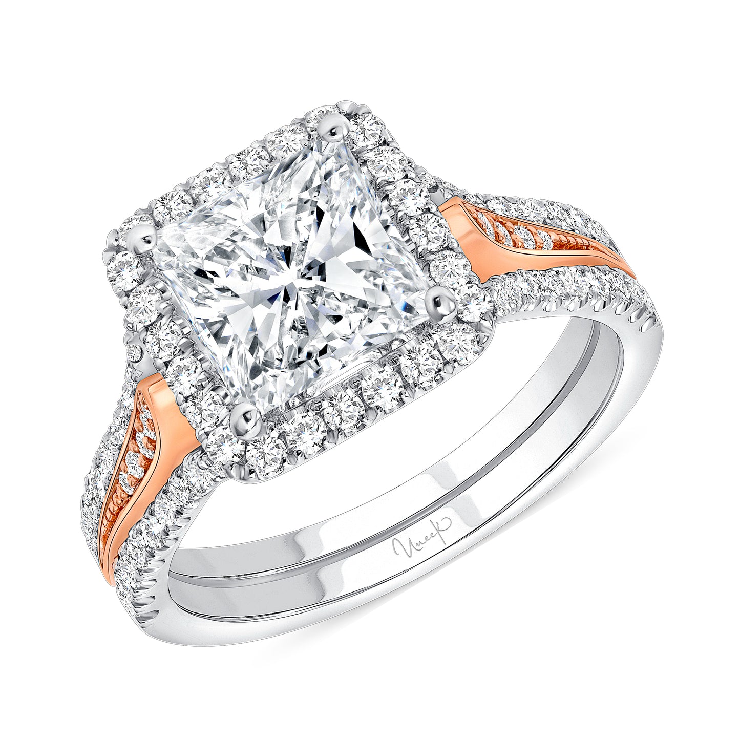 Uneek Engagement Ring 14K White & Rose Gold Princess SWS305