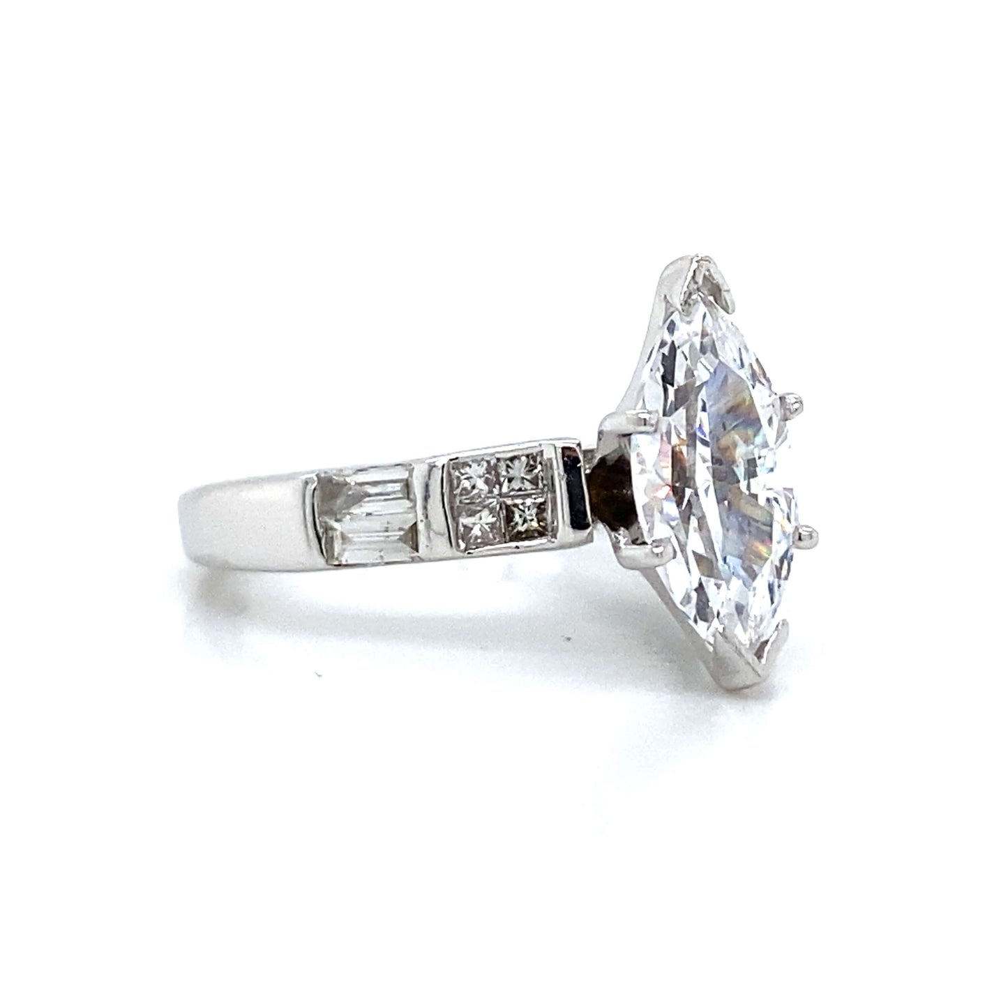 Side Stone Princess & Baguette Set Engagement Ring in 14K White Gold