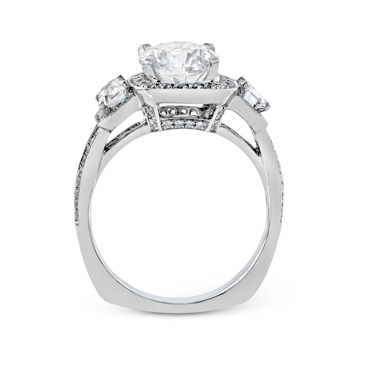 Oval-Cut Three-Stone Halo Engagement Ring In 18k Gold With Diamonds