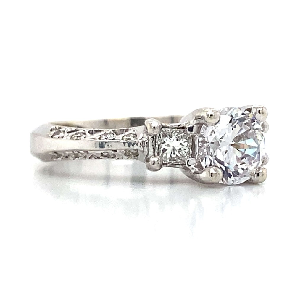 Three Stone Princess Cut Antique Engagement Ring in 18K White Gold