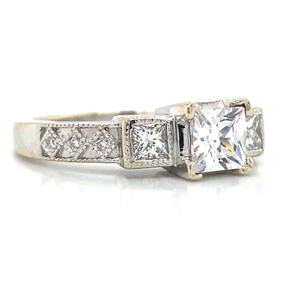 Three Stone Princess & Pave Set Engagement Ring in 14K White Gold