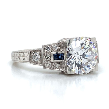 Side Stone Art Deco Style Engagement Ring in 14K White Gold