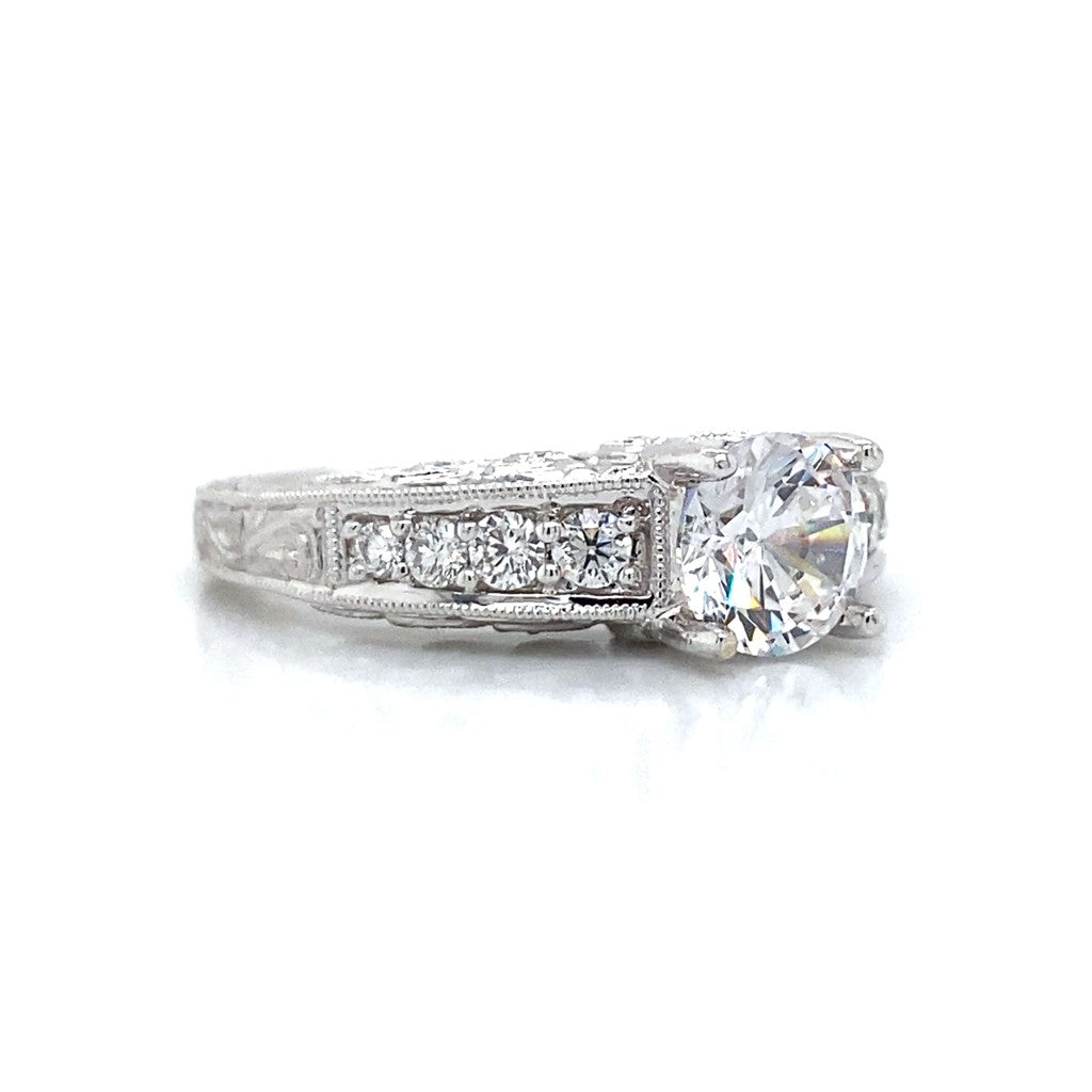 Side Stone Pave Engraved Engagement Ring in 18K White Gold