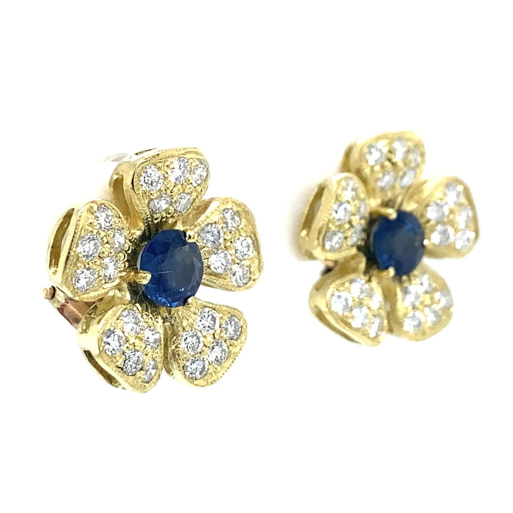 Floral Blue Sapphire Earrings in 18K Yellow Gold