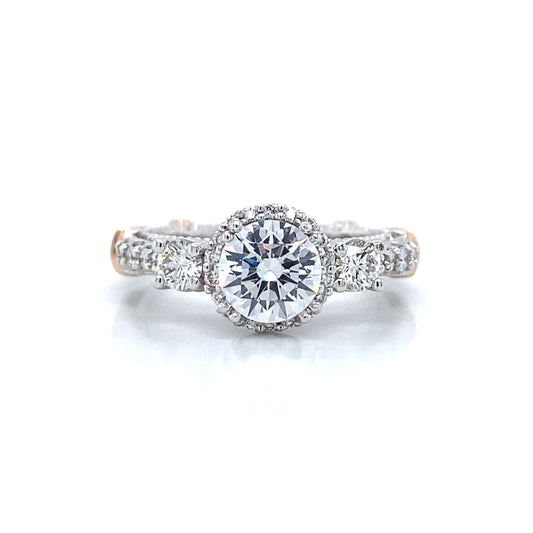 Verragio Three Stone Halo Pave Engagement Ring in 14K White & Rose Gold