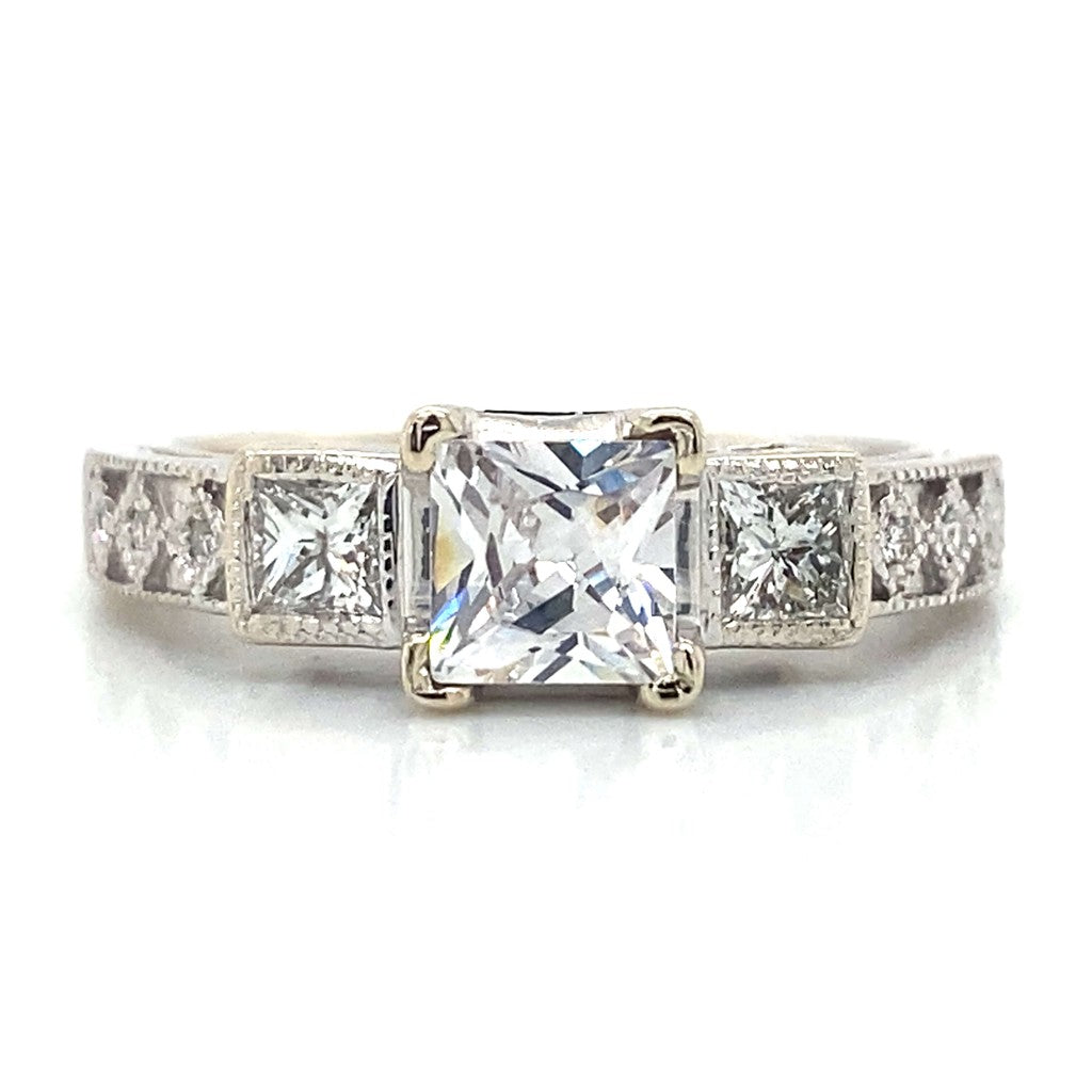 Three Stone Princess & Pave Set Engagement Ring in 14K White Gold