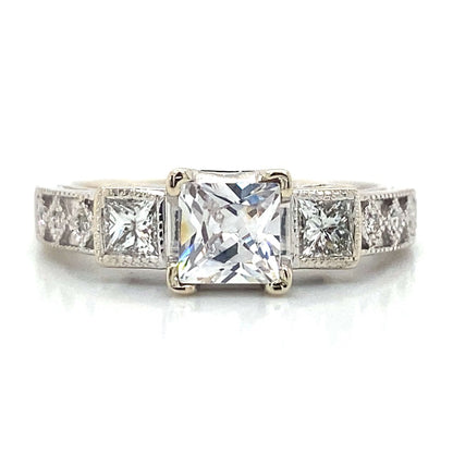 Three Stone Princess & Pave Set Engagement Ring in 14K White Gold