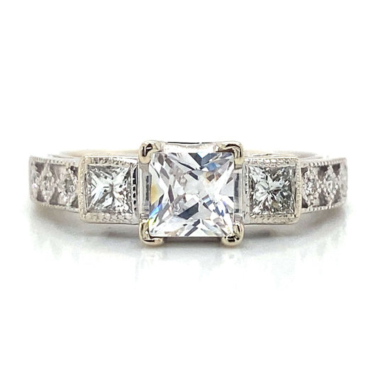 Three Stone Princess & Pave Set Engagement Ring in 14K White Gold