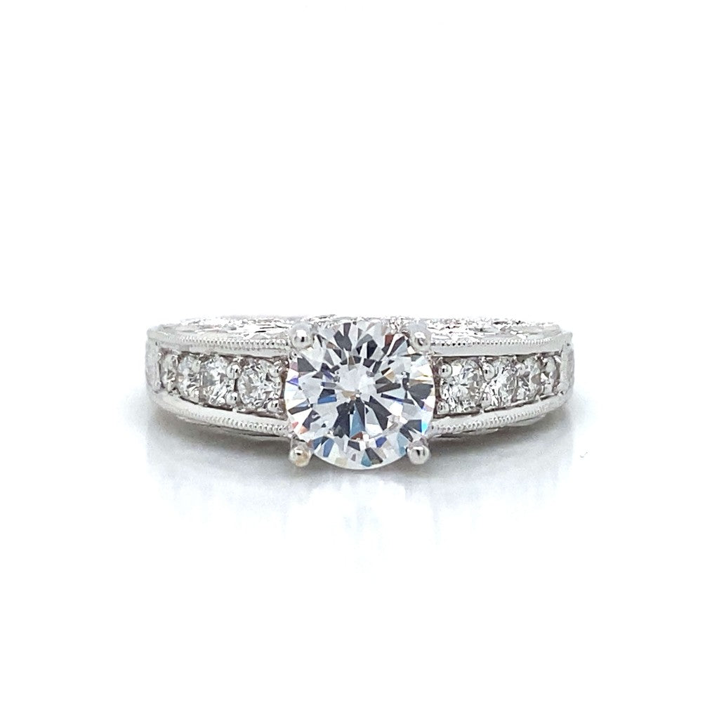 Side Stone Pave Engraved Engagement Ring in 18K White Gold