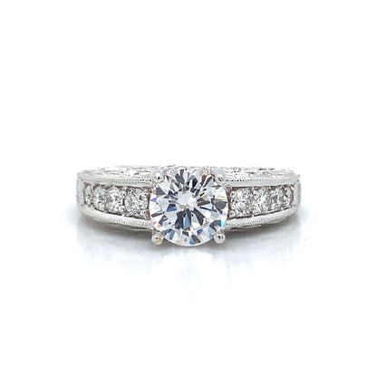 Side Stone Pave Engraved Engagement Ring in 18K White Gold