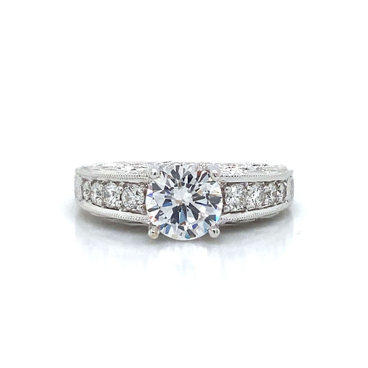 Side Stone Pave Engraved Engagement Ring in 18K White Gold