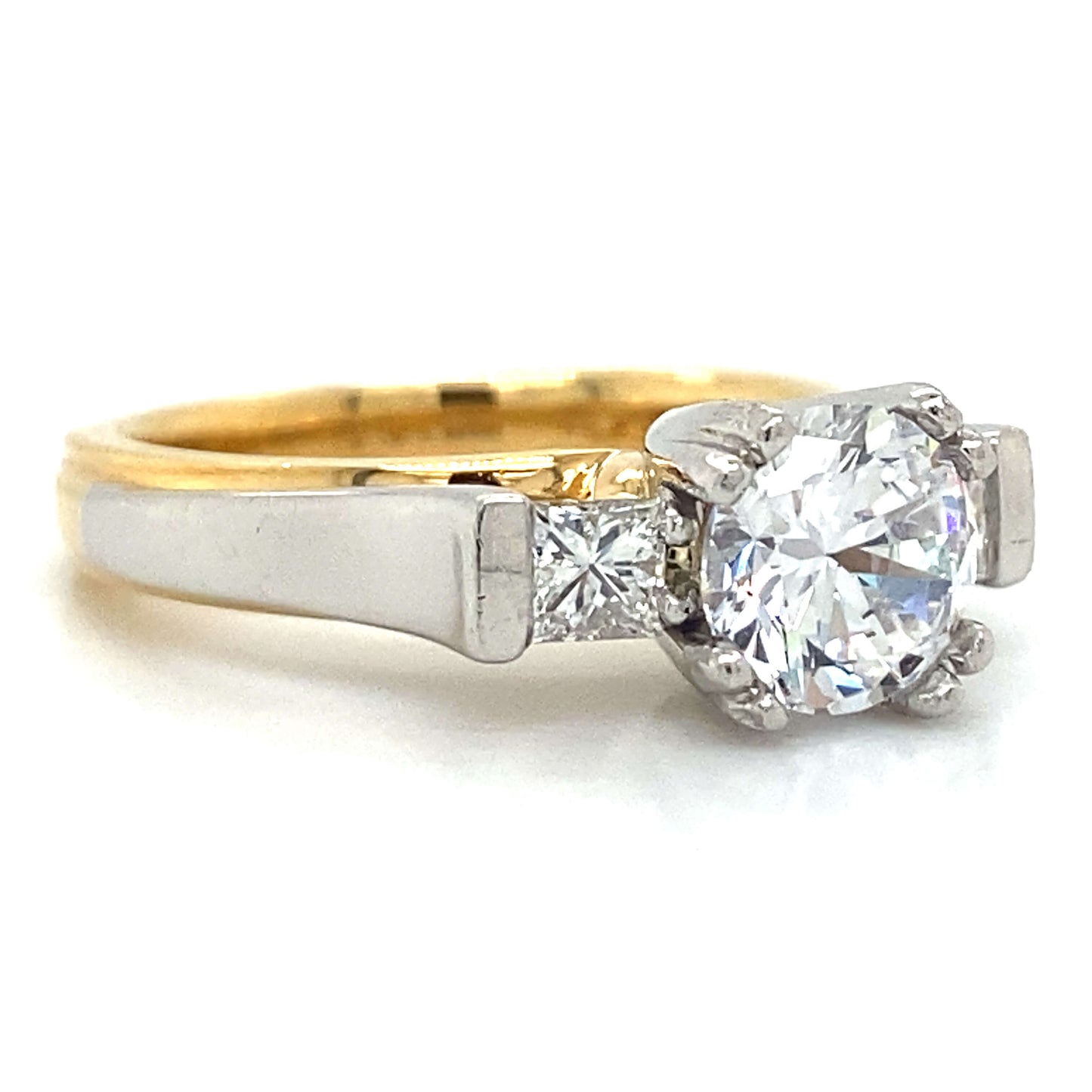 Three Stone Princess Shaped Engagement Ring in Platinum & 18K Yellow Gold