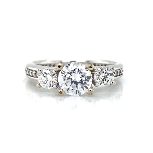 Three Stone Round & Pave Set Engagement Ring in 18K White Gold