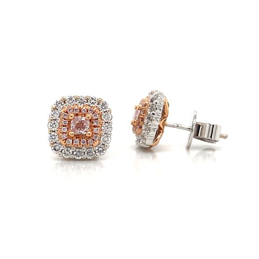 Natural Pink Diamond Halo Stud Earrings (0.84 ct. tw.) in 18K White & Rose Gold