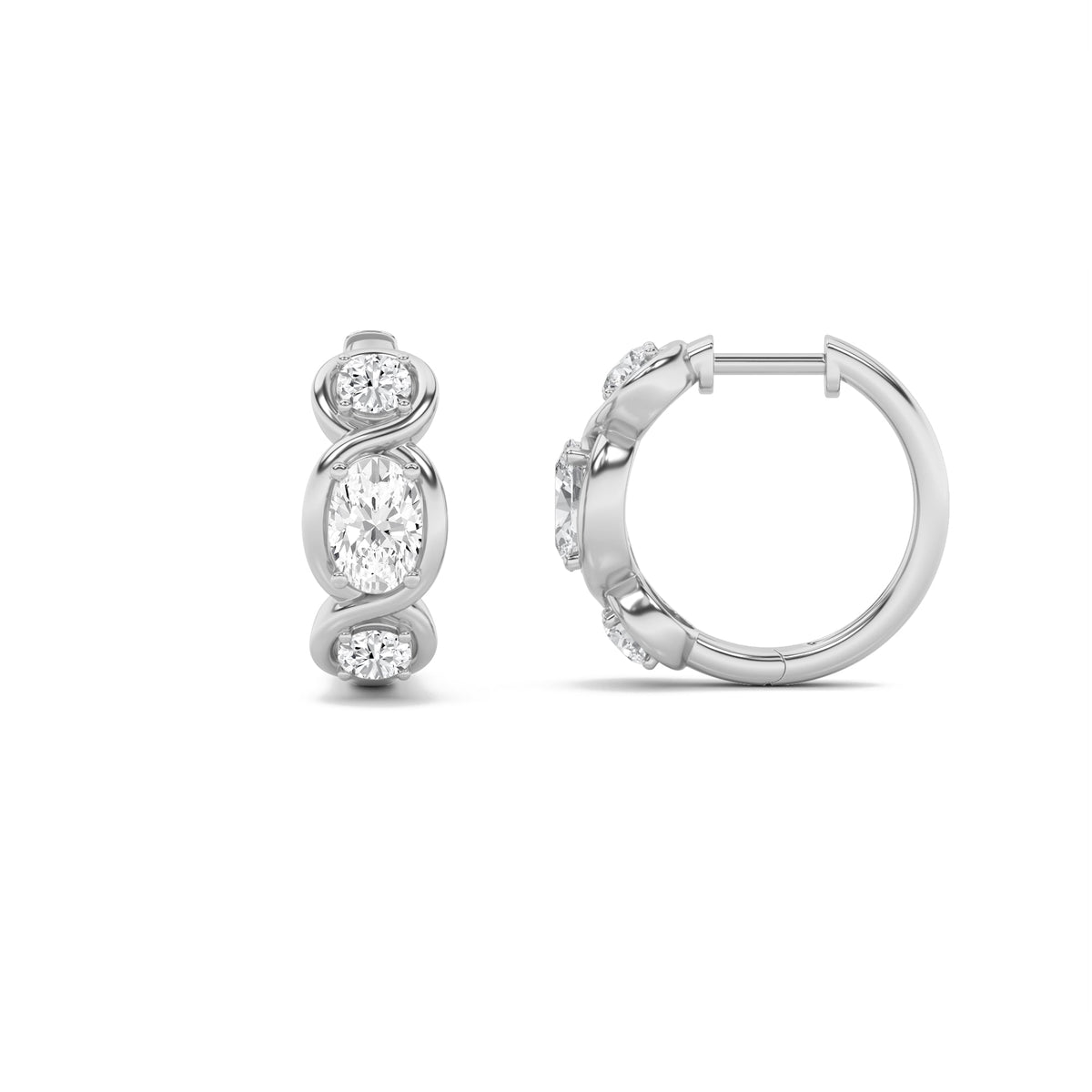 2.5CTW Oval Lab-Grown Diamond Bezel Hoop|Huggies Three Stone Huggie Earrings 6 Stones