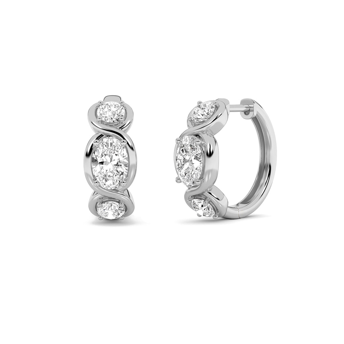 2.5CTW Oval Lab-Grown Diamond Bezel Hoop|Huggies Three Stone Huggie Earrings 6 Stones