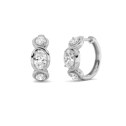 2.5CTW Oval Lab-Grown Diamond Bezel Hoop|Huggies Three Stone Huggie Earrings 6 Stones