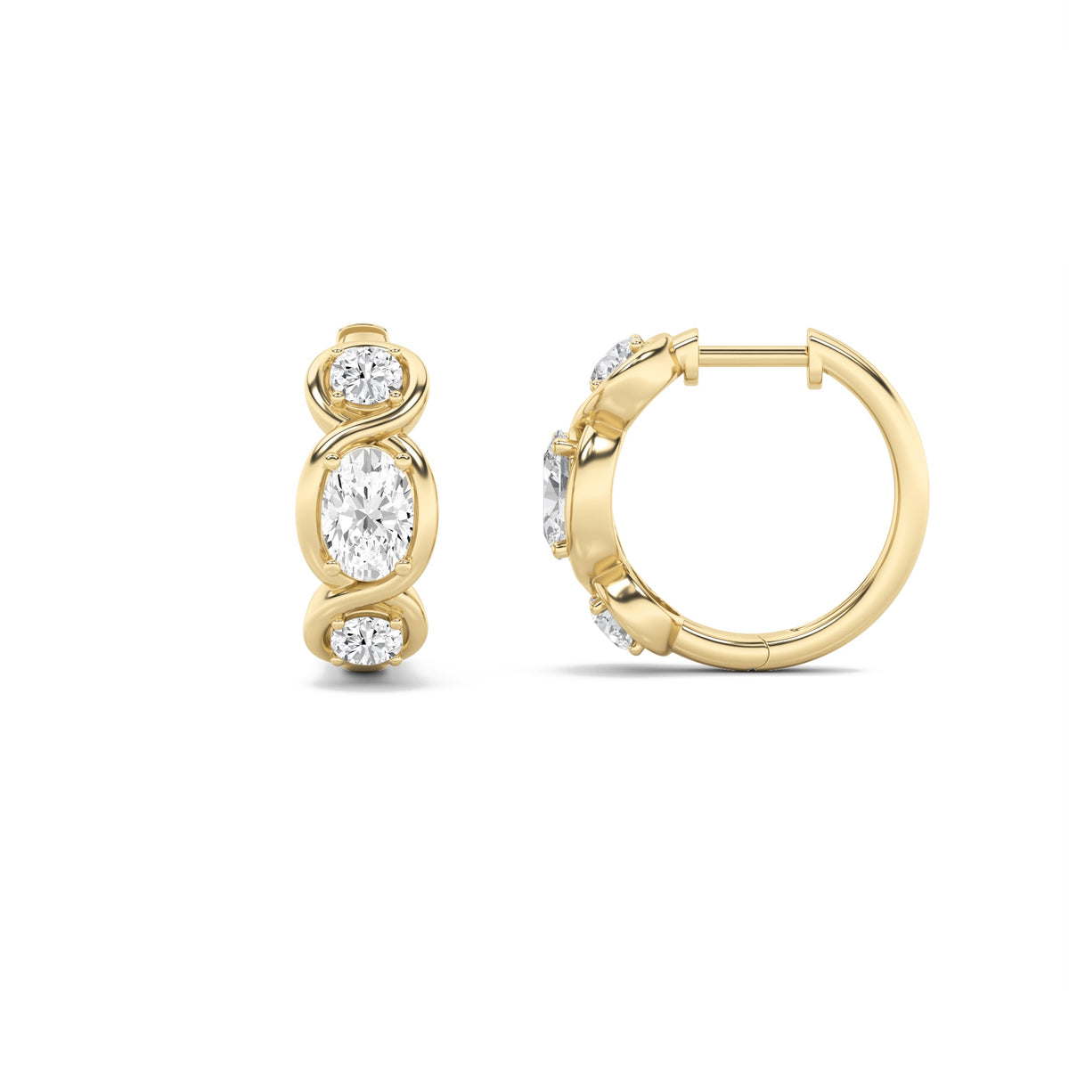 2.5CTW Oval Lab-Grown Diamond Bezel Hoop|Huggies Three Stone Huggie Earrings 6 Stones