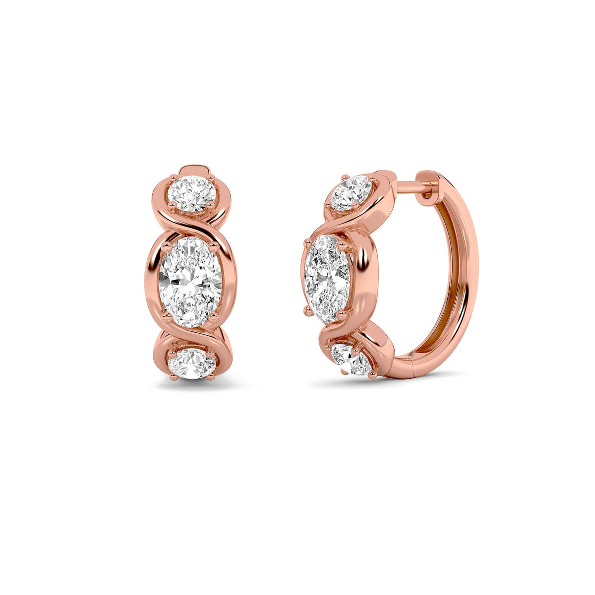 2.5CTW Oval Lab-Grown Diamond Bezel Hoop|Huggies Three Stone Huggie Earrings 6 Stones