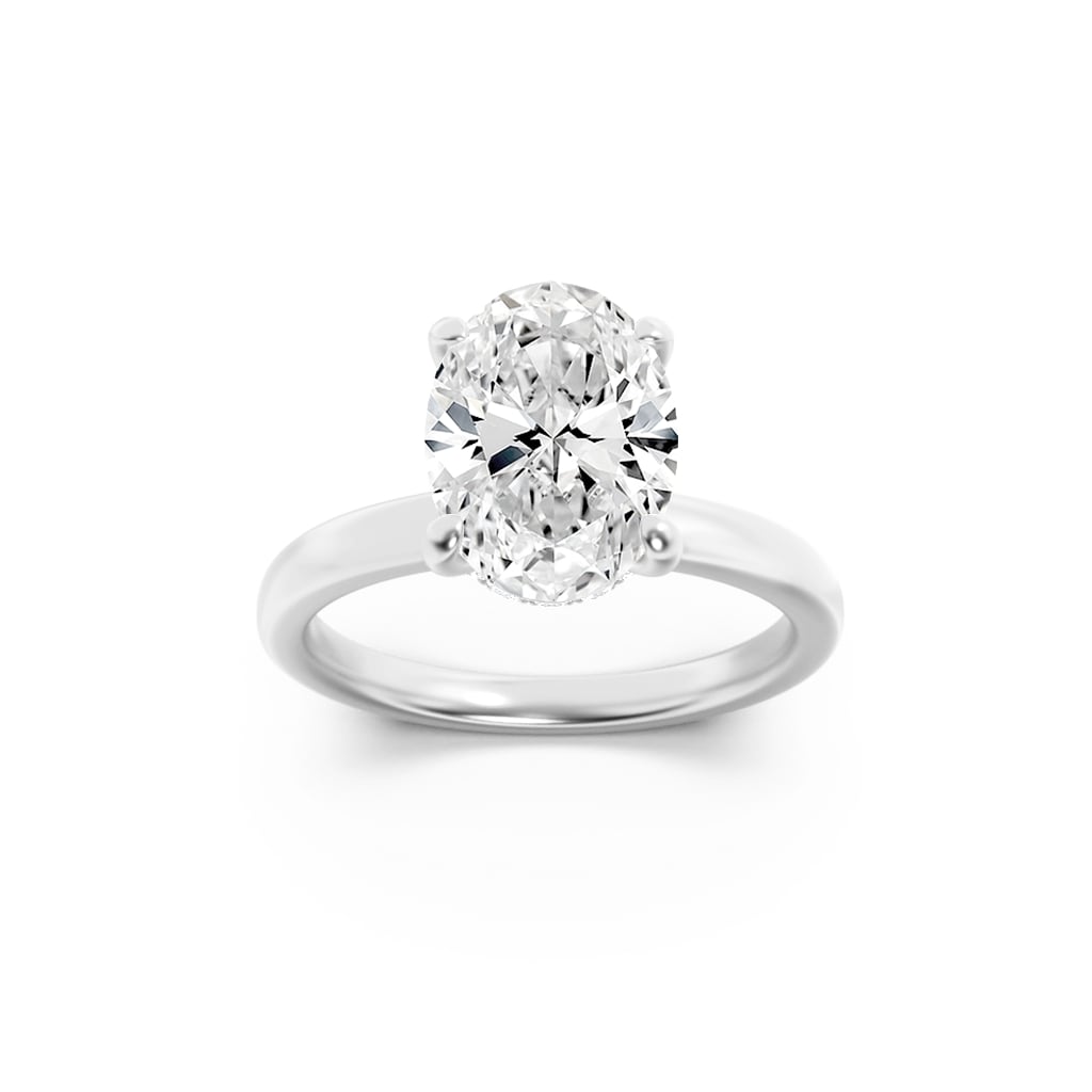 1CTW Oval Lab-Grown Diamond Prong Hidden Halo Plain Shank Engagement Ring 13 Stones