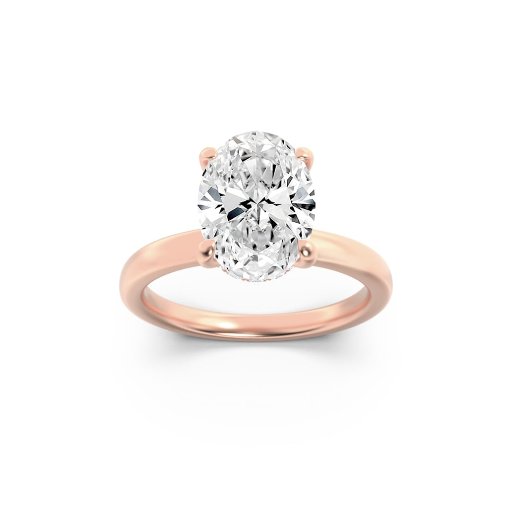 1CTW Oval Lab-Grown Diamond Prong Hidden Halo Plain Shank Engagement Ring 13 Stones