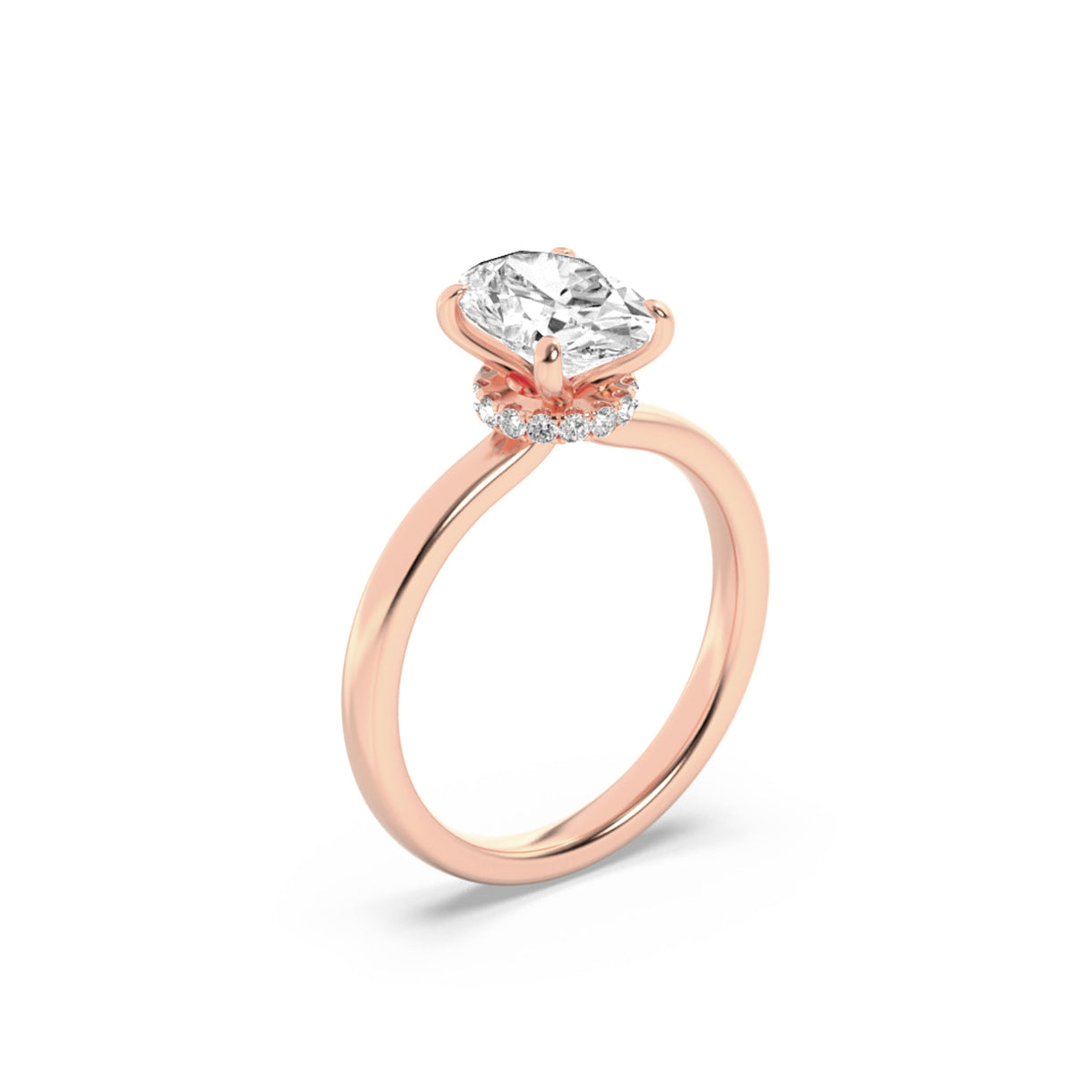 1CTW Oval Lab-Grown Diamond Prong Hidden Halo Plain Shank Engagement Ring 13 Stones