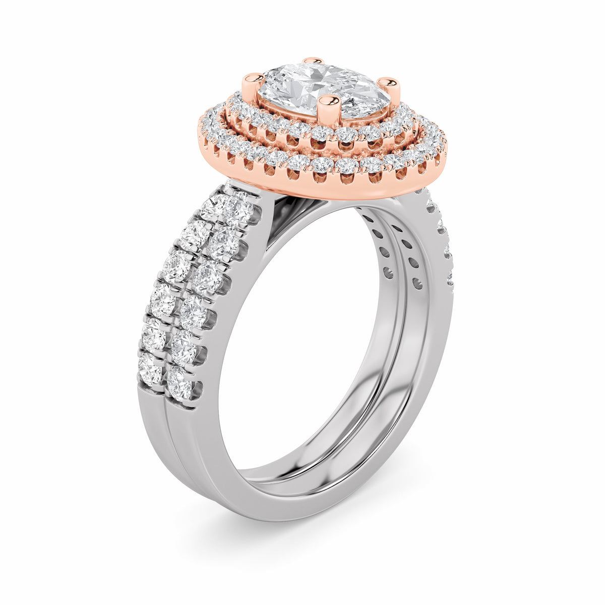 2CTW Oval Lab-Grown Diamond Prong Double Halo Bridal Set Engagement Ring Set 82 Stones