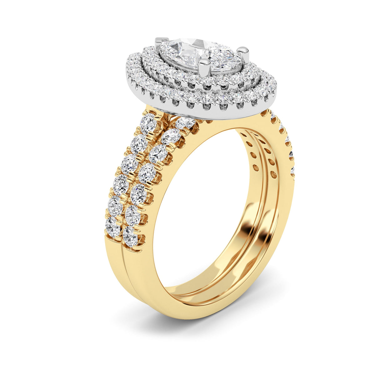 2CTW Pear Lab-Grown Diamond Prong Double Halo Bridal Set Engagement Ring Set 84 Stones