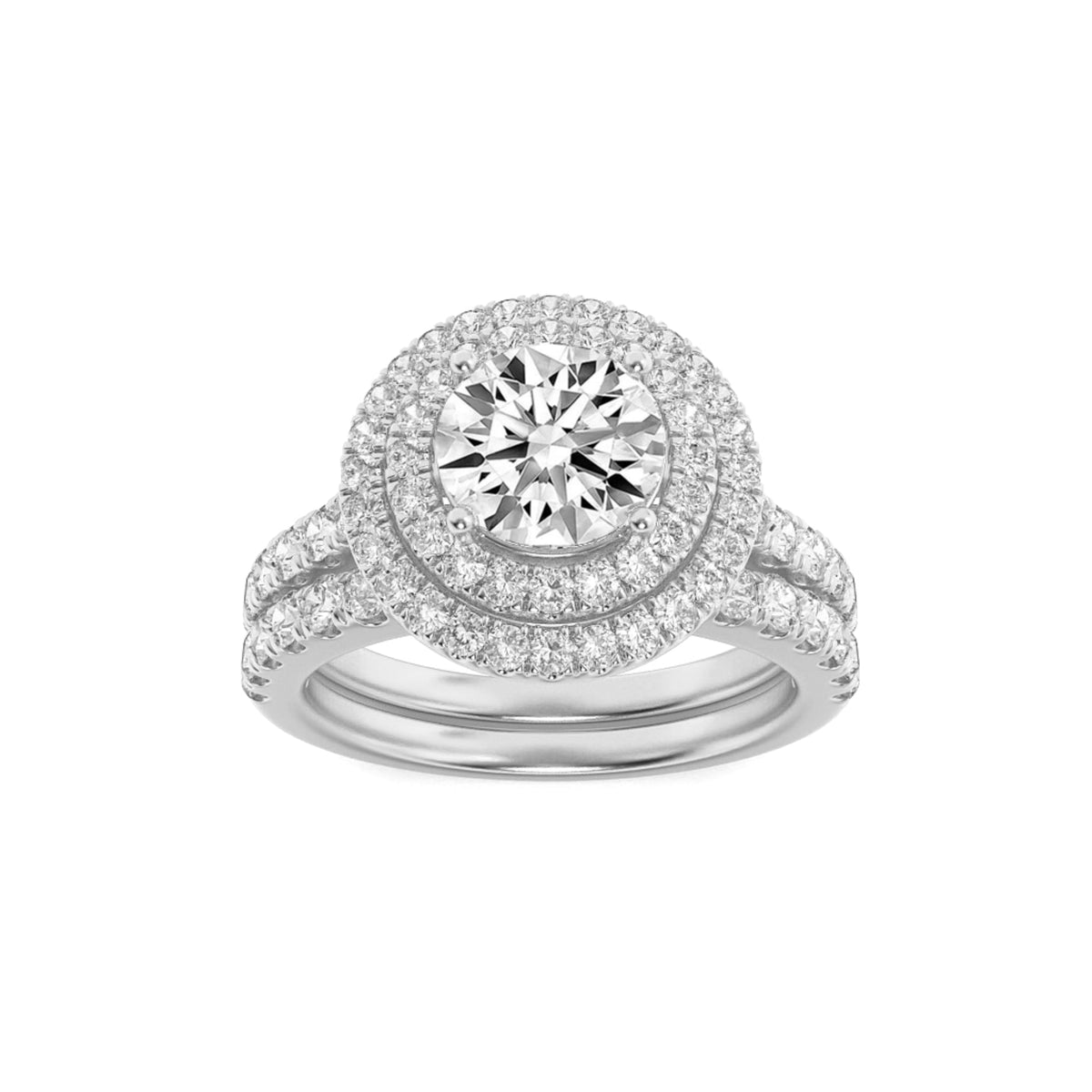 2CTW Round Lab-Grown Diamond Prong Double Halo Bridal Set Engagement Ring Set 78 Stones