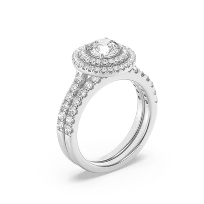2CTW Round Lab-Grown Diamond Prong Double Halo Bridal Set Engagement Ring Set 78 Stones
