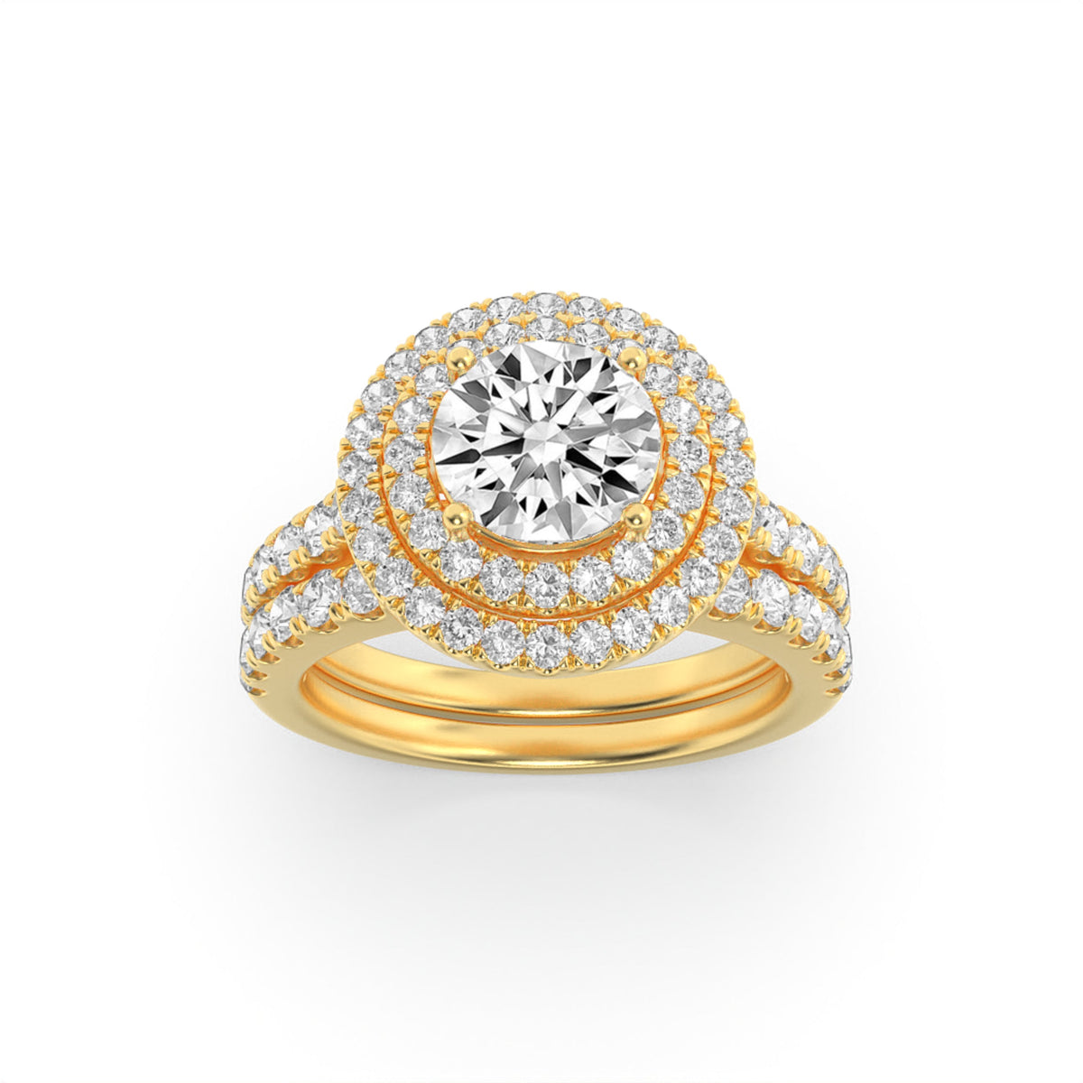 2CTW Round Lab-Grown Diamond Prong Double Halo Bridal Set Engagement Ring Set 78 Stones