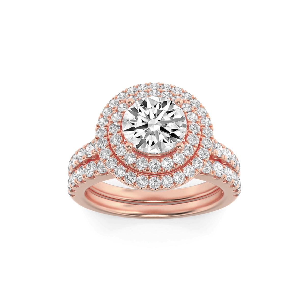 2CTW Round Lab-Grown Diamond Prong Double Halo Bridal Set Engagement Ring Set 78 Stones
