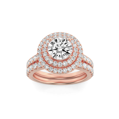 2CTW Round Lab-Grown Diamond Prong Double Halo Bridal Set Engagement Ring Set 78 Stones