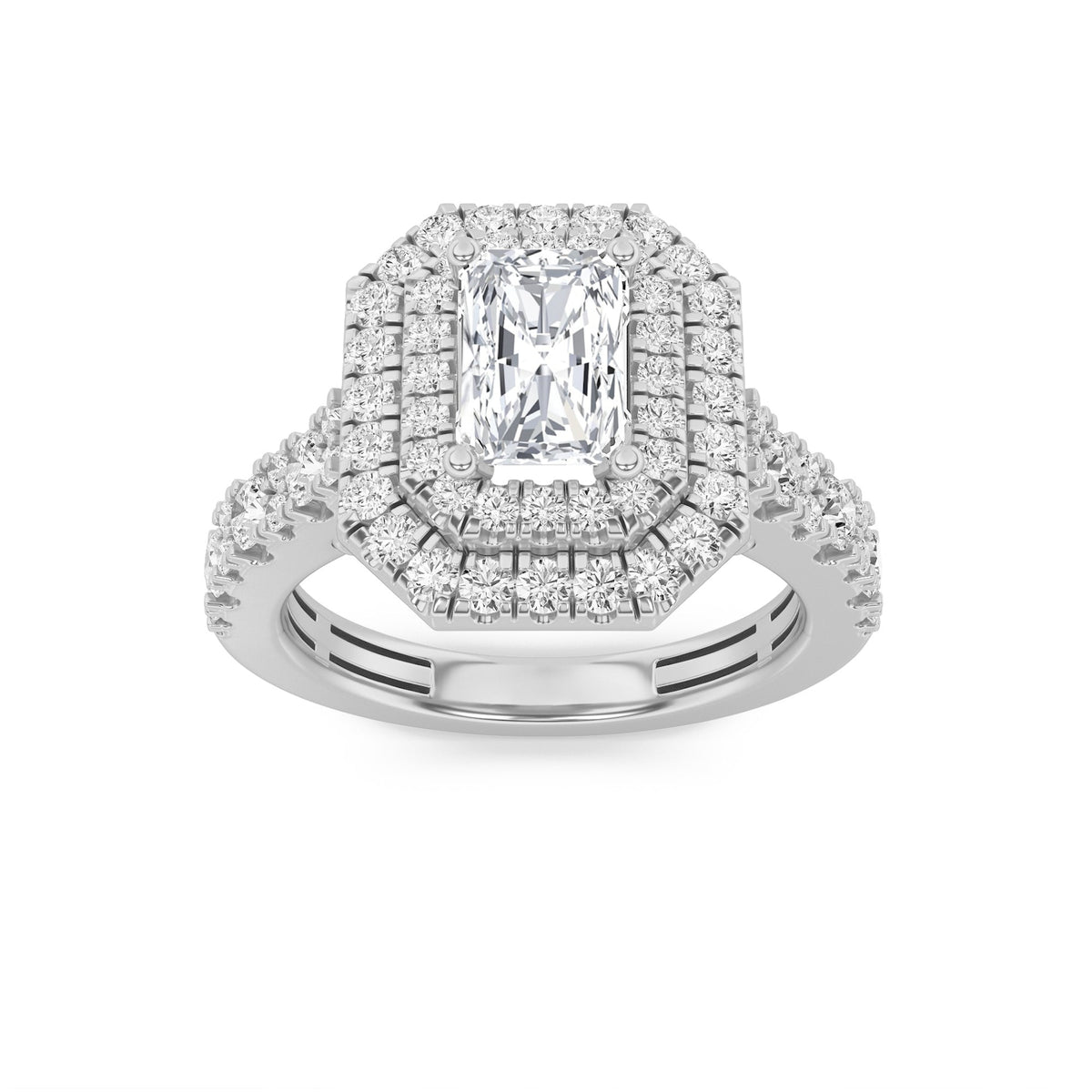 2CTW Radiant Lab-Grown Diamond Prong Double Halo Engagement Ring 79 Stones
