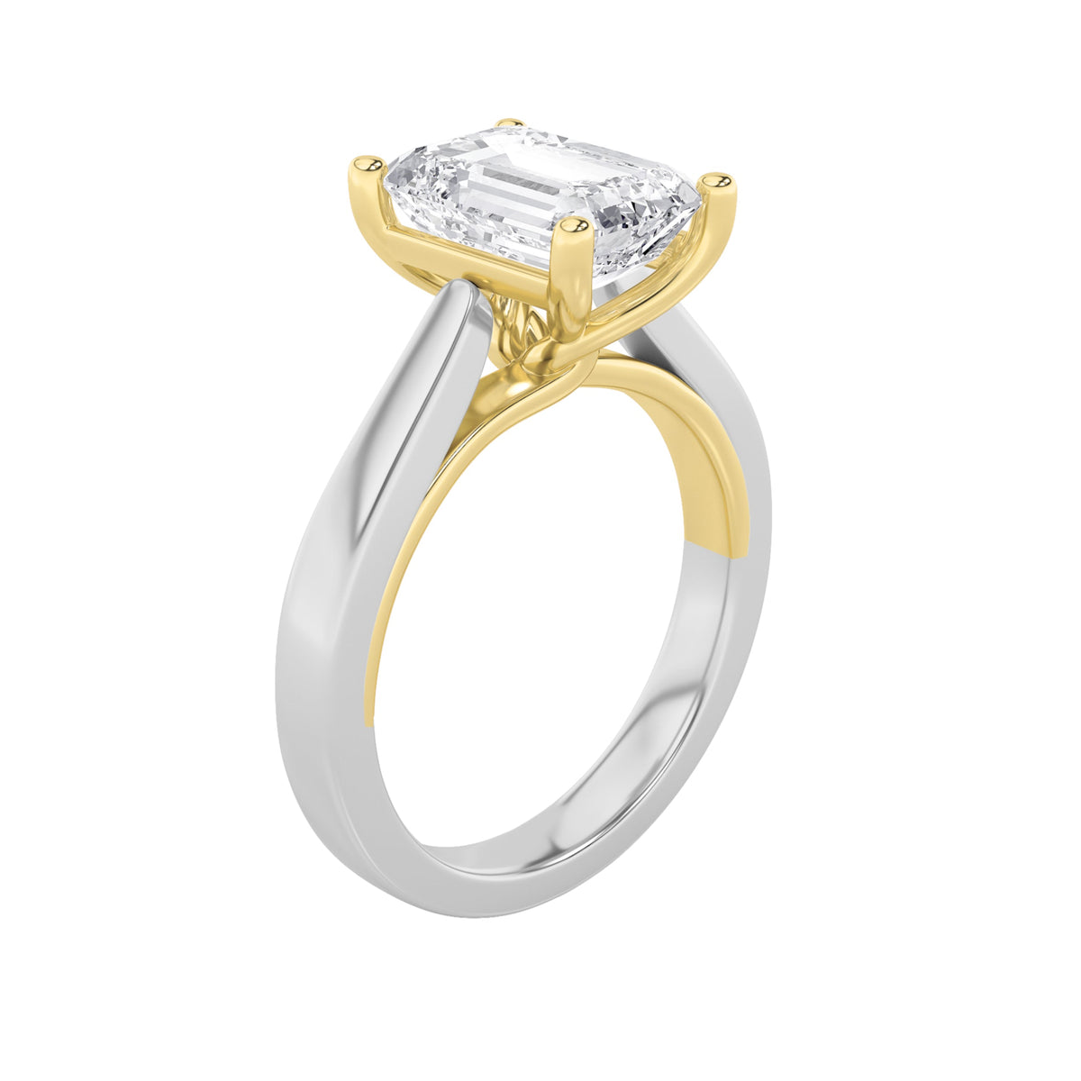 3CTW Emerald Lab-Grown Diamond Prong Two Tone Twisted Basket Cathedral Shank Solitaire Ring 1 Stone