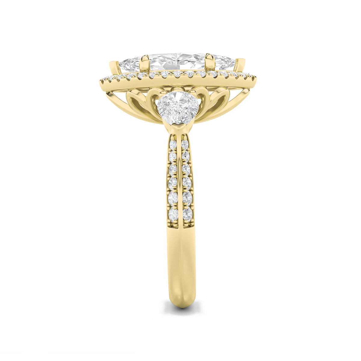 3CTW Marquise Lab-Grown Diamond Prong Three Stone Halo Engagement Ring 55 Stones