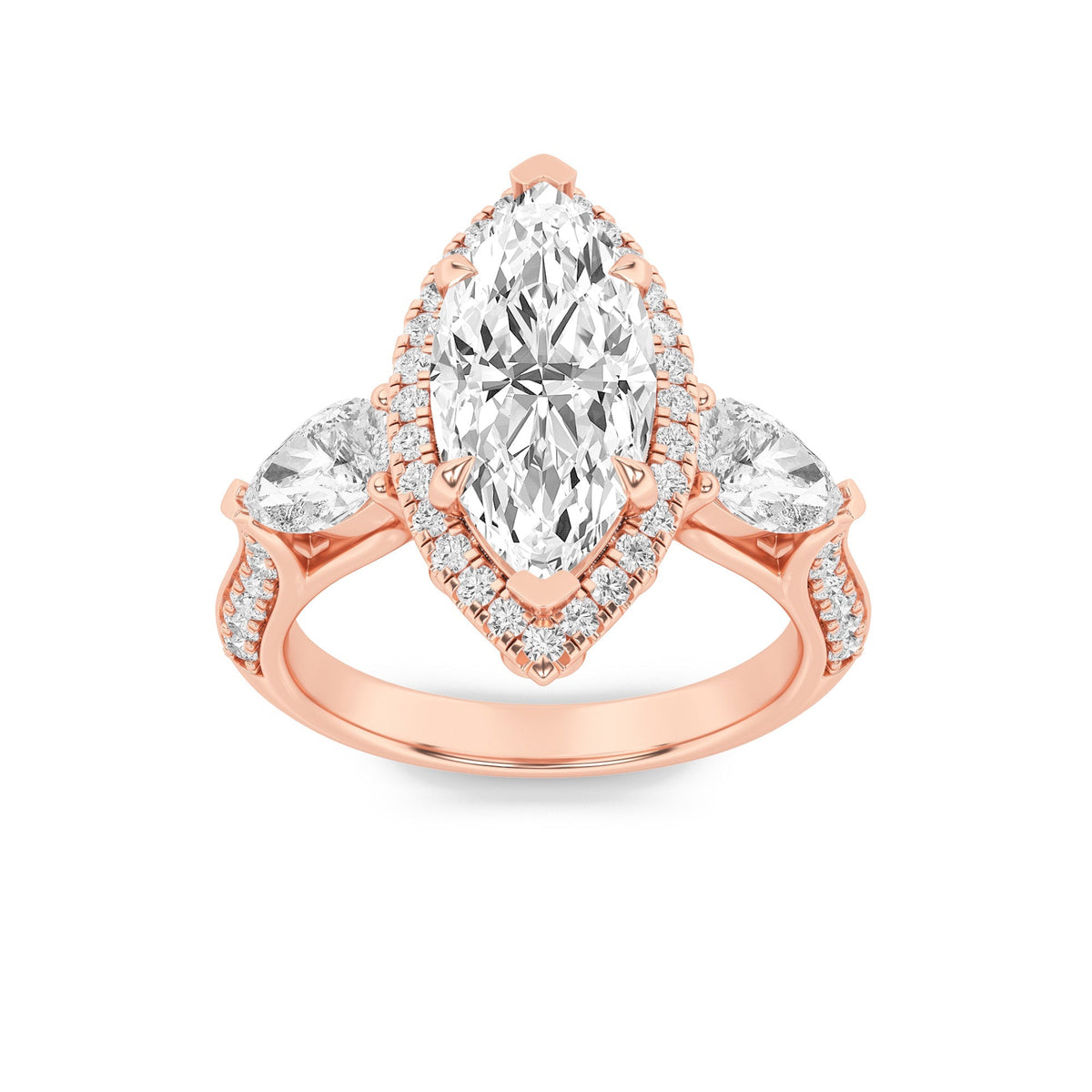 3CTW Marquise Lab-Grown Diamond Prong Three Stone Halo Engagement Ring 55 Stones