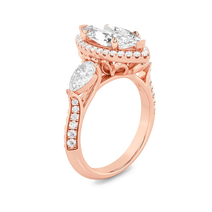 3CTW Marquise Lab-Grown Diamond Prong Three Stone Halo Engagement Ring 55 Stones