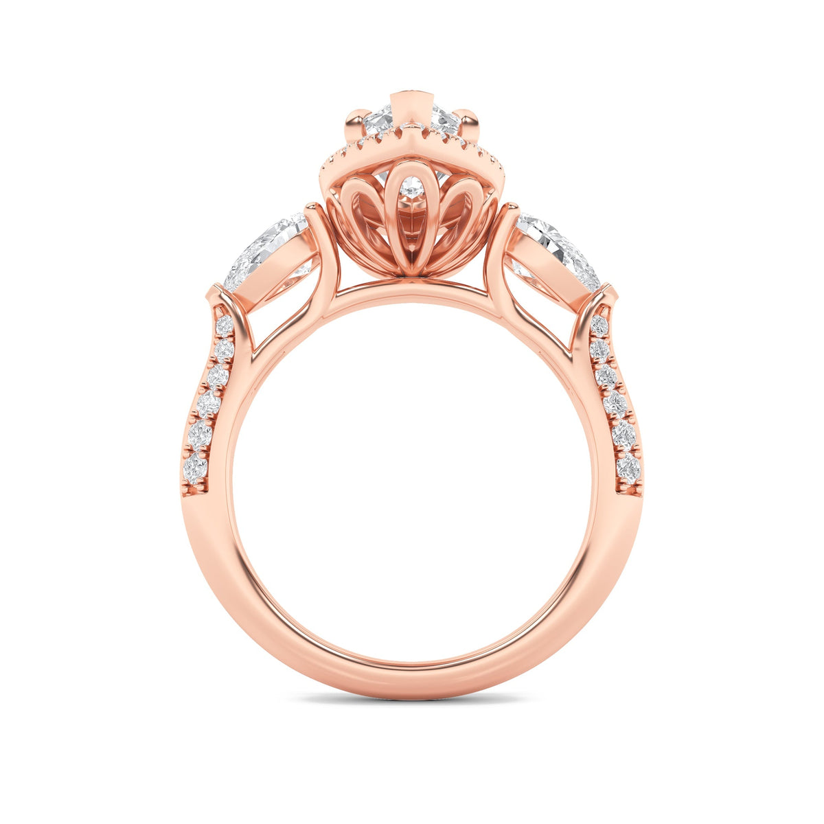 3CTW Marquise Lab-Grown Diamond Prong Three Stone Halo Engagement Ring 55 Stones