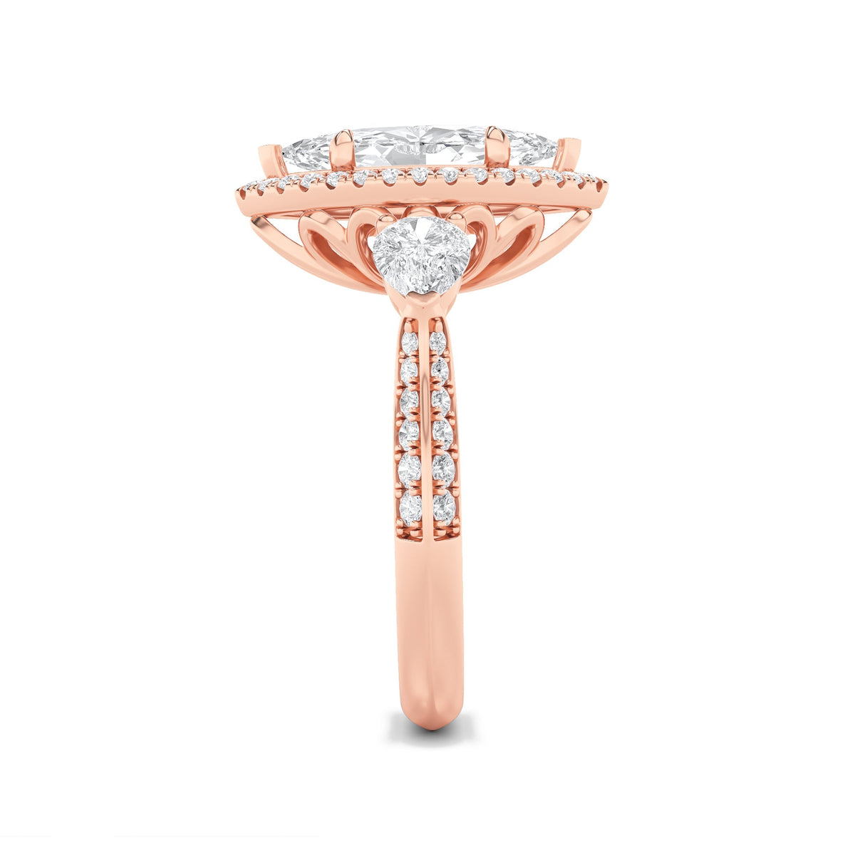 3CTW Marquise Lab-Grown Diamond Prong Three Stone Halo Engagement Ring 55 Stones