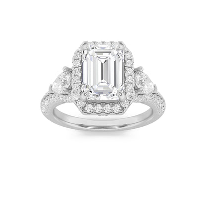 3CTW Emerald Lab-Grown Diamond Prong Three Stone Bold Accented Engagement Ring 89 Stones
